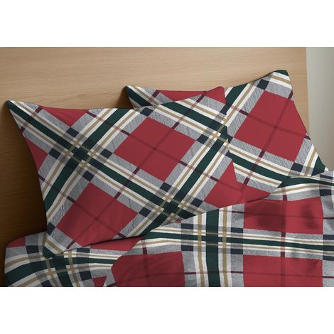 Coppia Di Federe Piazzate In 100% Cotone In Fantasia Tartan Bottoni Laterali
