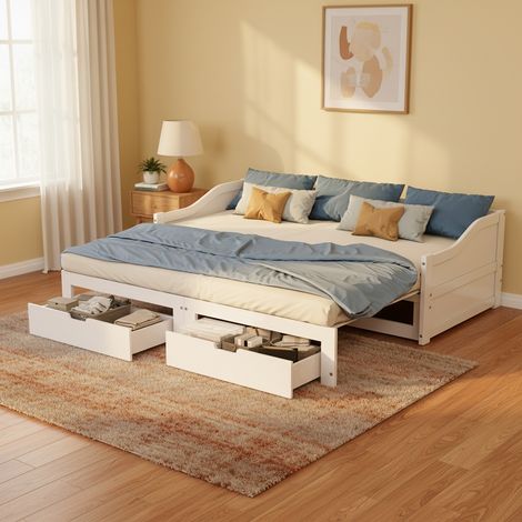 Ausziehbett 90x200 / 180x200 cm aus Massivholz, Schlafsofa mit Lattenrost und 2 Schubladen - Weiß