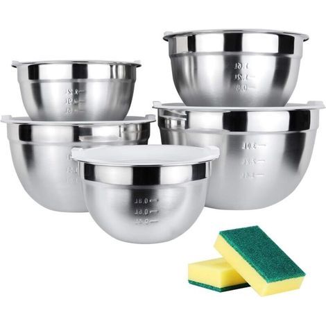 18/10 Bol Inox, Lot de 5 avec Couvercles, Bol à Soupe, Saladier, Bol à Céréales, Bol à Dessert, Snack Bol, Bol à Glace, Bols à Mélanger-Fei Yu (1/5)