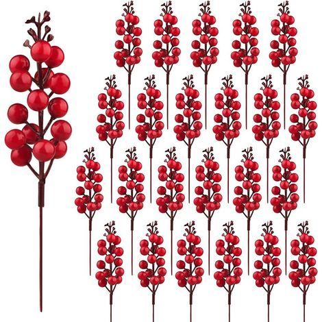 GDHZS- 24 Pièces Décoration de Baies Rouges artificielles Branches de Baies Rouges de Houx Tiges de Baies de Noël pour la décoration d'hiver de Saison (1/5)