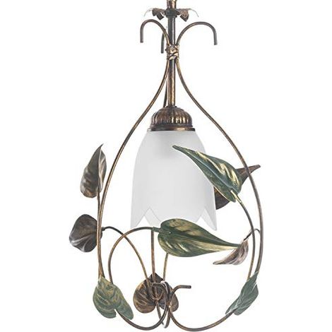 ONLI Mira - Lampada a Sospensione, Vetro color Avorio sfumato Ambra. Struttura in metallo Marrone spennellato Oro. Foglie di colore Verde (1/3)