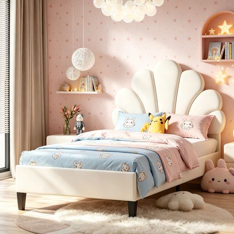 JOOKGBD-Kinderbett Polsterbett 90 x 200cm mit Lattenrosten,Jugendbett,Einzelbett Lattenrost aus Kopfteil Holz mit Blumenform, Mädchenbett,Samt,Ohne Matratze,Beige