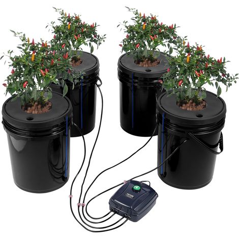 VEVOR DWC Sistema de Cultivo Hidropónico Kit de Cultivo de Agua Profunda de 20 L 4 Cubos con Bomba de Aire Piedras de Aire Dispositivo de Nivel de Agua Sistema Hidropónico DWC para Vegetales de Hoja