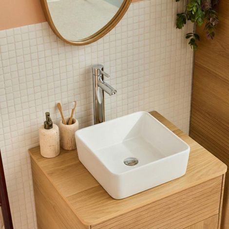 Lavabo sobre encimera cuadrado de cerámica blanca, 37cm (1/4)