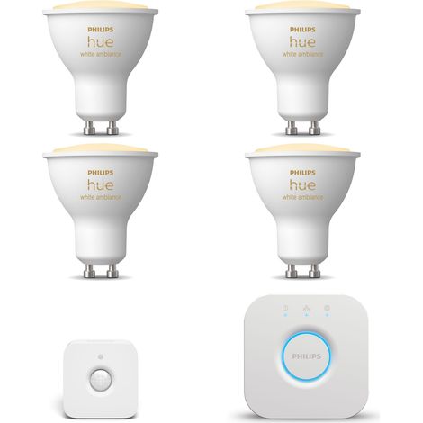 Philips Hue Kit de démarrage GU10 avec 4 Spots LED Lumière blanche chaude à froide - Comprend 1 Bridge, 1 détecteur de mouvement pour l'intérieur - White Ambiance (1/5)