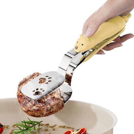 Pinze da cucina con spatola integrata per servire la carne, ideali per cucinare all'aperto, 24 cm, colore giallo. (1/5)
