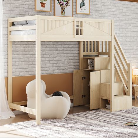 Cama alta moderna de madera maciza natural 90x200 cm con escalera reversible, estantes laterales y protección con ventana