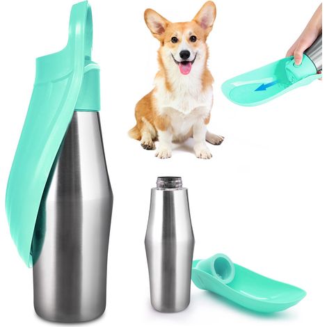 Hunde-Trinkflasche – 750 ml – 180° faltbar – tragbar – Edelstahl – ideal fürs Training – Grün – 1 (1/3)