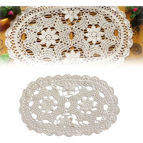 Handgehäkelter Tischläufer mit Spitze, ovales Platzset aus Baumwolle, Tischdecke aus Vintage-Spitze, gehäkelte Netztischdecke für Küche und Esszimmer (Beige (30 x 60 cm)) (1/5)