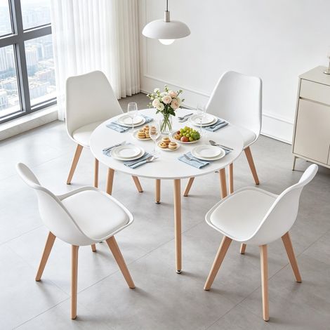 OKWISH Essgruppe mit rundem Tisch Ø 80 cm und 4 Stühlen Weiß Holz (1/5)
