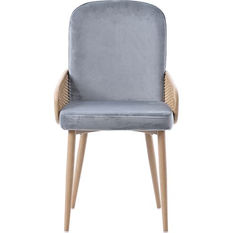 Lot de 4 chaises de salle à manger en velours gris avec design rotin et pieds métalliques effet bois (1/5)