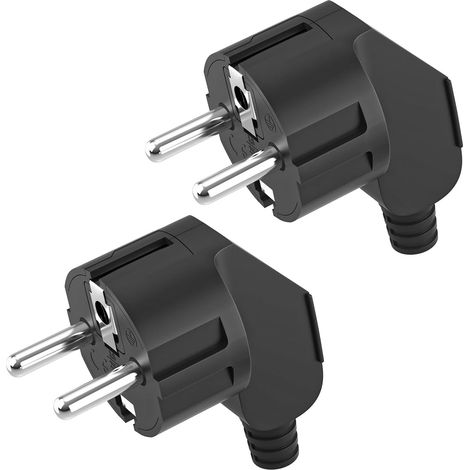 Lot de 2 fiches Schuko - Fiche de contact de protection avec douille de protection anti-torsion - Prise Euro 250 V (16 A) pour câble de 8 à 10 mm - Fiche Schuko coudée - IP20 - Pour l'intérieur - Noir (1/5)