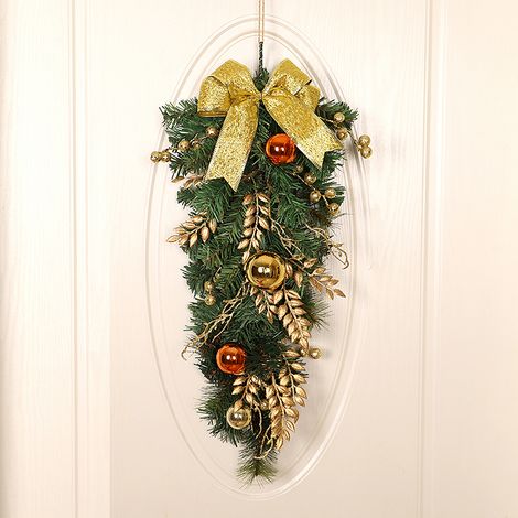 Sapin de Noël suspendu à l'envers, décoration de porte en PVC, boule de Noël, nœud, accessoire de fête, indispensable pour les fêtes, environ 65 cm de long, sapin de Noël jaune à l'envers D224/70A (1/5)