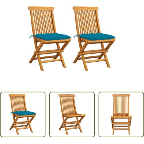 Teakholz - Gartenstühle mit Hellblauen Kissen 2 Stk. Massivholz Teak (1/5)