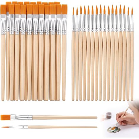Lot de 40 Pinceaux Peinture Enfant, 20 Pinceaux Plats et 20 Pinceaux Fins Ronds (16,5 cm), Pinceau Peinture en Bois pour Aquarelle, Gouache, Acrylique, Dessin et Activités Scolaires (1/5)