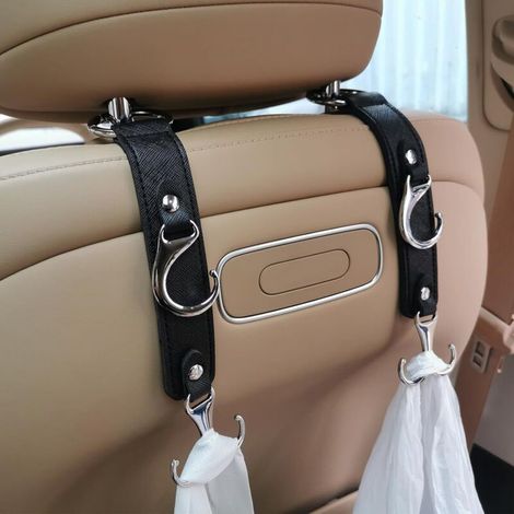 Crochets pour appuie-tête de siège arrière de voiture, crochets porte-manteaux en similicuir noir, peuvent être utilisés pour suspendre sacs et manteaux, unisexe. (1/4)