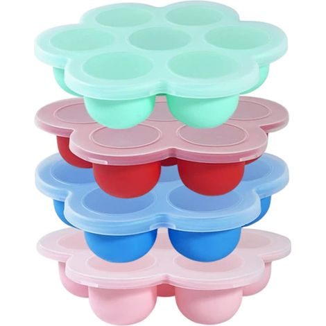 Juego de 4 bandejas para congelar alimentos infantiles con tapa, bandeja de silicona de 7 cavidades para congelar y almacenar leche materna, cubitos de hielo y purés de frutas. (1/5)