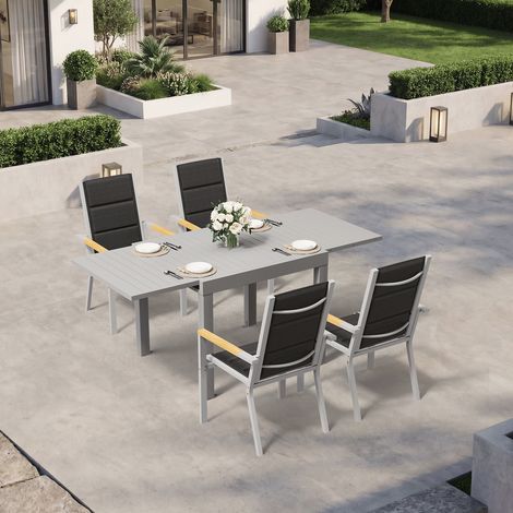 Ensemble Table Chaise Jardin 4 personnes,Table Jardin Chaise en Aluminium,4 Chaises Jardin Accoudoirs Imitation Bois et 1 Table Jardin Extensible,Imperméable, Antirouille,Tout Temps,Gris Clair