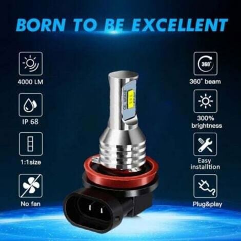 Ampoules LED H11 H8 H9 H16(JP) pour feux antibrouillard, puces LED CSP, 6000K blanc xénon, 4000 lumens, éclairage à 360 degrés (1/4)