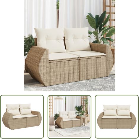 The Living Store Canapé de jardin avec coussins 2 places beige résine tressée - Canapé De Jardin - Salon De Jardin - Meuble De Jardin - Résine Tressée - Rotin Synthétique (1/5)