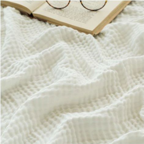 Couverture adulte en coton mousseline 140x200cm, douce, respirante toutes saisons, blanc. (1/5)
