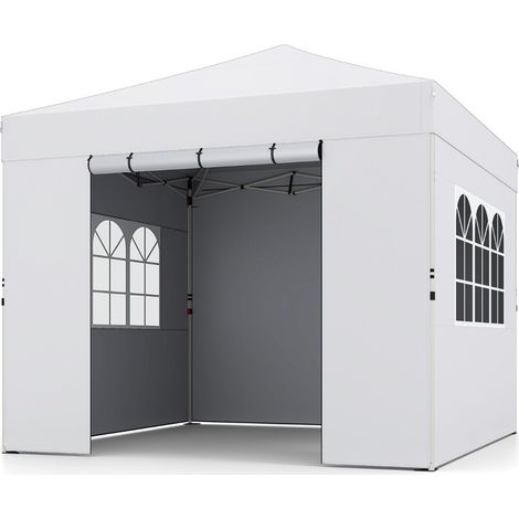 Tonnelle pliante blanche 3 x 3 m en métal avec 4 parois, toit imperméable et hauteur réglable pour jardin, terrasse et camping (1/2)