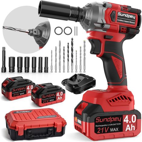 Sundpey Cle a Choc Sans Fil Brushless 650Nm, 21V Boulonneuse à Choc 2 en 1 avec 2x 4.0 Ah Batteries avec 6 Douilles & 9 Forets & Chargeur & Tige D'extension pour la Voiture et la Maison (1/5)