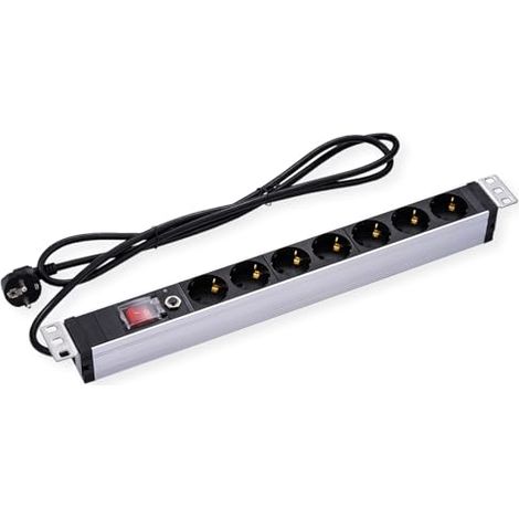 VALUE BÂTI DE PRISES 19'' 7X, 1 UH + FICHE À CONTACT DE PROTECTION (CEE 7/4), AVEC PROTECTION CONTRE LES SURCHARGES, 1,8 M