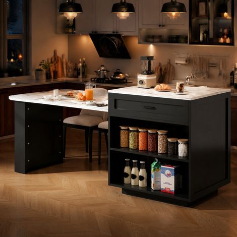 Tavolo alto estensibile 98-204/70/93,5 cm nero con spazio contenitivo e ruote (1/5)