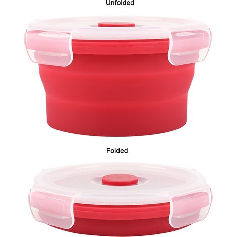 Boîte à lunch pliable en silicone rond 350ml, contenant alimentaire micro-ondable rouge, format compact (1/5)