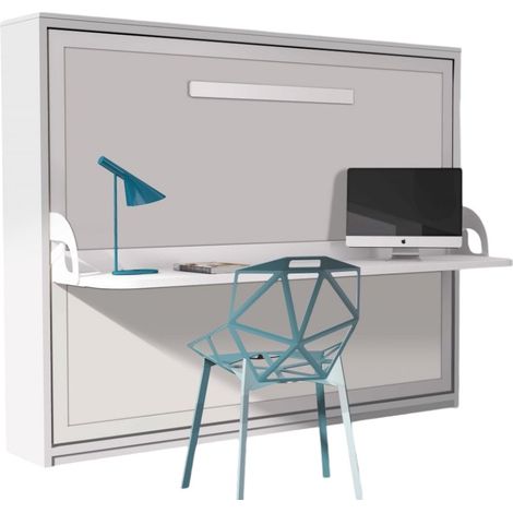 Lit escamotable avec bureau 90x190 chêne blanchi P 35 Kinoa (1/5)