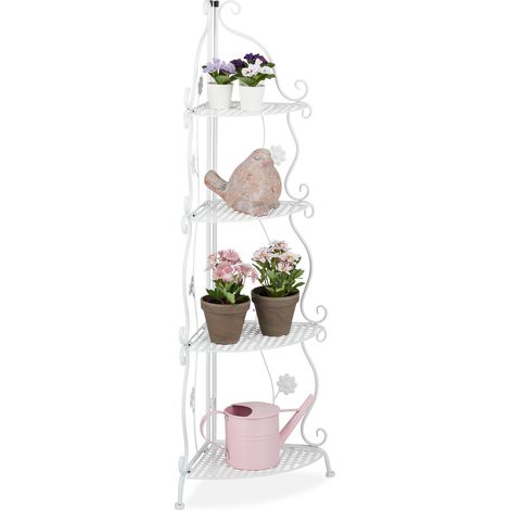 Relaxdays Metal Plant Stand, 4 Tiers, Decorative Rack, Indoor & Outdoor, HxWxD: 113.5 x 31 x 31 cm, Corner Shelf, White