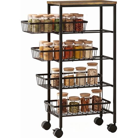 Beyamis Chariot de service à roulettes à 4 niveaux, chariot de cuisine avec 4 paniers coulissants, chariot de rangement à roulettes pour la cuisine (1/5)