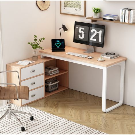 Bureau avec 3 tiroirs, 2 niches ouvertes, plateau MDF 18 mm, structure métal, style moderne bois et blanc, 147 x 100 x 75,3 cm, Naturel  CHICFURN (1/5)