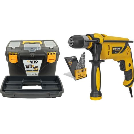 Perceuse à percussion 850W + 8 Forets Acier 3 à 10 mm + Boite à outils 18" VITO