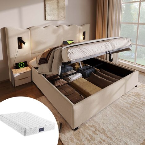 Bett Doppelbett Stauraum 160x200 Leinen Beige OKMYHOME (1/5)