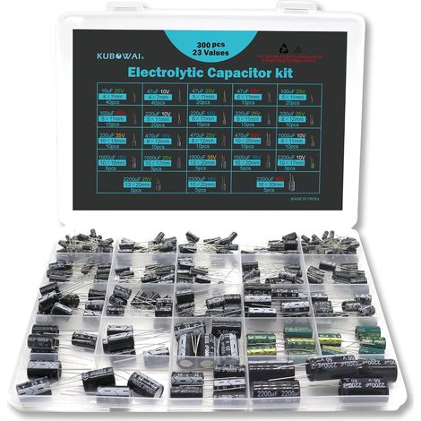 23 Worth 300 pièces Ensemble de Condensateurs électrolytiques, Banque de Condensateurs en Aluminium, Comprenant les Numéros de Modèle 10 uF - 2200 uF, 10 V, 16 V, 25 V, 35 V, 50 V (1/5)