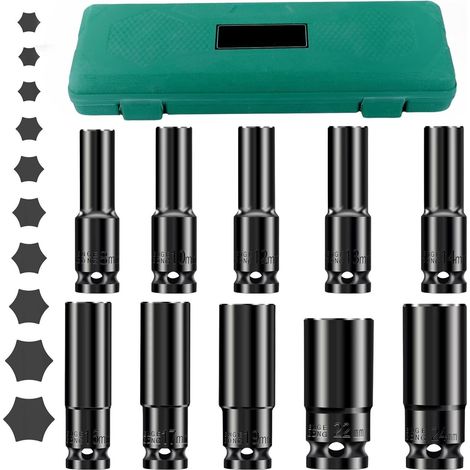 Lot de 10 Douilles à Percussion 1/2", 8-24mm Coffret Douille Longue Hexagonales Métriques, Ensemble de Douilles à Choc Profond, Jeu de Douilles et Boîtes, pour Réparations Auto et Changements Pneus (1/5)