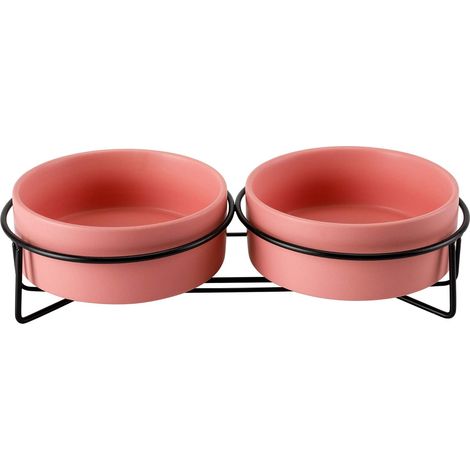 Keramik-Katzennapf, Doppelnapf für das Katzenessen, erhöhter Kätzchennapf für Futter/Wasser – Rosa (1/5)