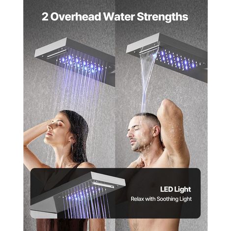 Colonne de douche inox brossé 53 po avec pommeau pluie cascade LED, mitigeur 5 fonctions, douchette et bec baignoire, fixation murale (1/5)