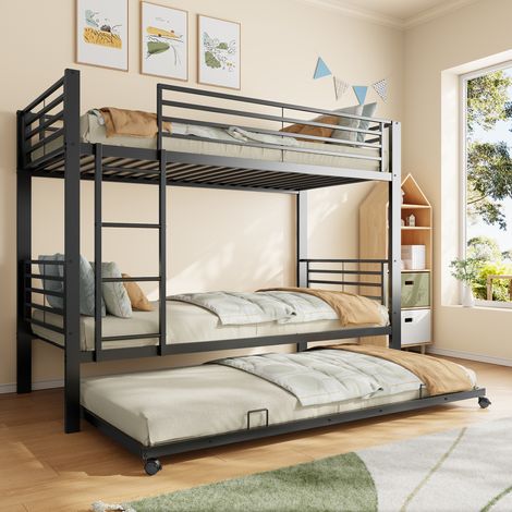 Lit superposé certifié EN 747 90x200 avec lit escamotable, lit enfant en métal avec barrière de protection et échelle, lit superposé gain de place pour 3 personnes et frères et sœurs, noir (1/5)