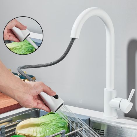 Weißer Küchen Spülbecken-Wasserhahn mit ausziehbarem Sprühkopf, schwenkbares Einhebel-Design mit hohem Bogen,  Einloch-Montage, modernes Design
