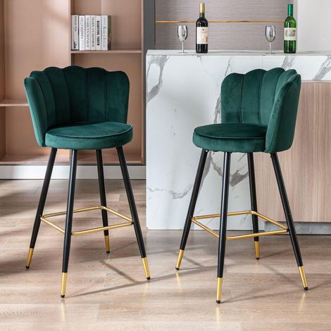 Bar Stools 2Pcs in Velvet Modern Breakfast Counter Chairs with Petal Backrest High Stools for Kitchen Home Bar Pub, Green, Wahson