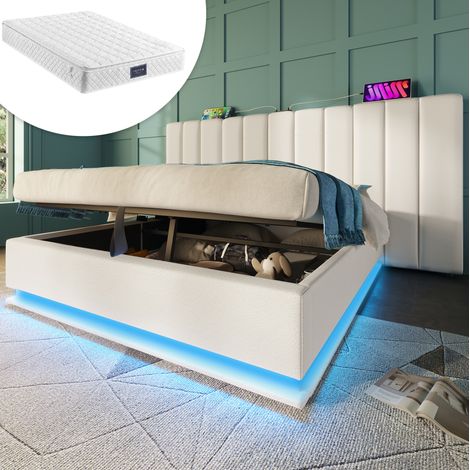 Bett 160x200 cm modern, PU Weiß, mit Kopfteil, Stauraum, LED 360°, USB-C und Lattenrost (1/5)