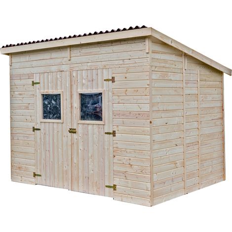 Habrita – Abri de jardin bois Candela mono pente 3x2,2m – Épicéa massif 16mm – Toit plaques ondulées bitumées – Porte double 1,6x1,7m