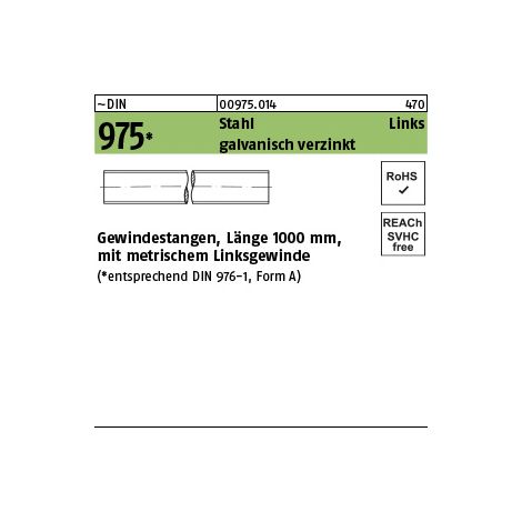 DIN 975 Stahl Links galvanisch verzinkt Gewindestangen, Länge 1000 mm mit metrischem Linksgewinde - Abmessung: M 10 -LH VE=S (1 Stück) (1/3)