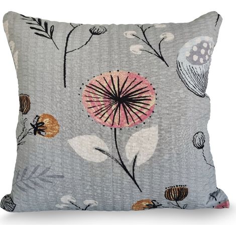 Federa per cuscino 40x40 cm con papaveri grigi, rosa e arancioni su sfondo grigio effetto corteccia.