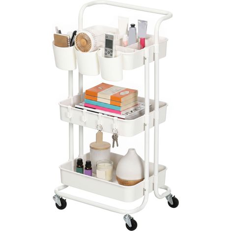 HOMCOM Carrello Multiuso a 3 Livelli con Cestini, Ganci e 12 Divisori, Bianco