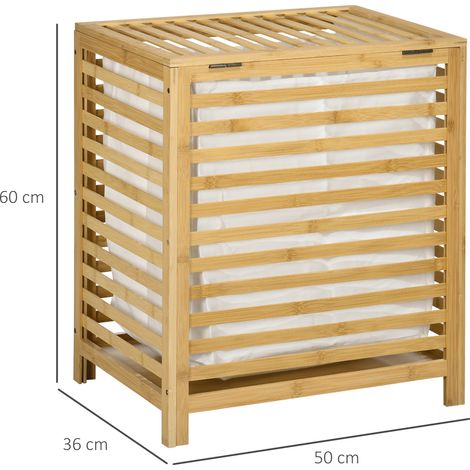 Panier à linge bambou naturel 55L avec couvercle, sac amovible, coffre à vêtements pour chambre ou salle de bain. Dimensions 50x36x60 cm. (1/5)