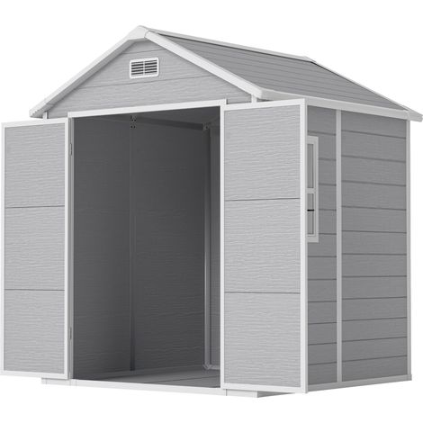 Abri de, aspect bois, plastique, gris, jardin, abri à outils, avec sol, portes verrouillables, ouvertures de ventilation, fenêtres (1/5)